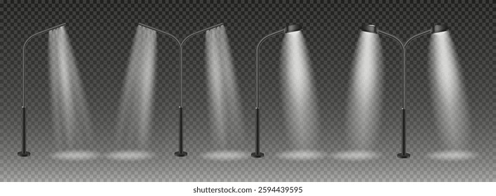 3d vector Modern and vintage city street lights row working at night. Urban electrical lightning system. Glowing retro lampposts