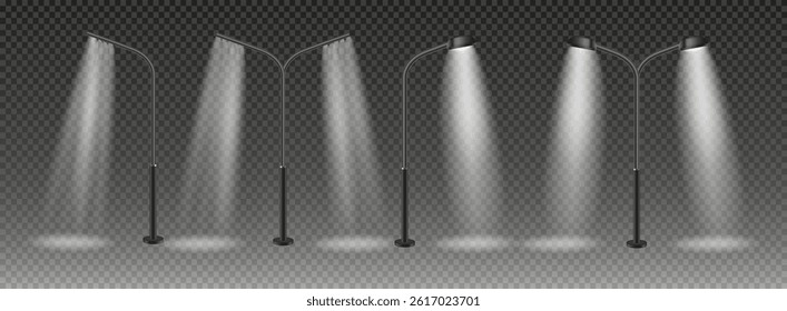 3d vector Modern and vintage city street lights row working at night. Urban electrical lightning system. Glowing retro lampposts