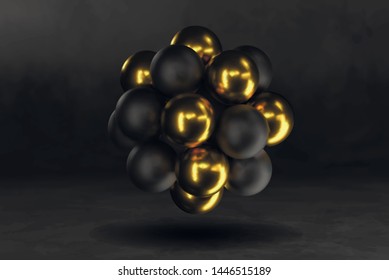 3d Vector molecule or atom abstract design background. Golden black sheres banner. Vector illustration of balls textured with glitter. Jewelry gold cover concept. Black banner. Science element for