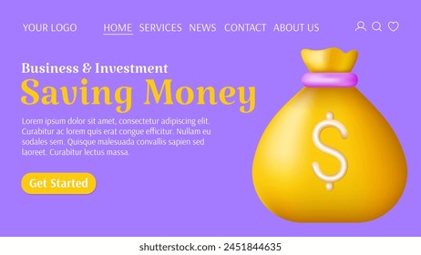 Bolso del dinero del Vector 3d con el ícono del dólar. Concepto creativo de ahorro, pago, devolución de efectivo. Plantilla empresarial y financiera para el Sitio web. Para el Anuncio, página de destino.