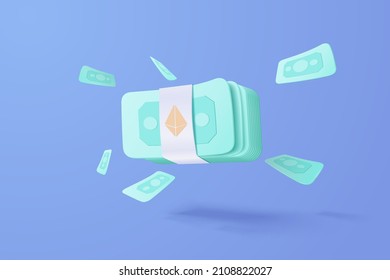 3D vector money banknote on background, coin, online payment and payment concept. 3d holding wallet render for business, bank, finance, investment, money saving, banknote on isolate 3d background
