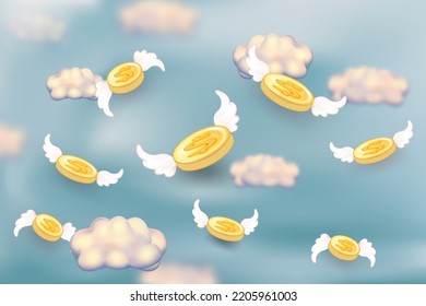 El dinero vectorial 3D vuela sobre el cielo, monedas de dinero con alas para pago en línea. Moneda flotante, pérdida de dinero, ahorro de dinero, concepto de banco, finanzas, inversión empresarial. Ilustración de la cartera 3d
