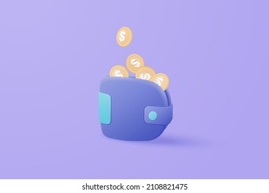 3D vector money holding purple wallet, dollar coin on isolate background, online payment and 3d money saving concept. 3d coin holding wallet render for business, bank, finance, investment