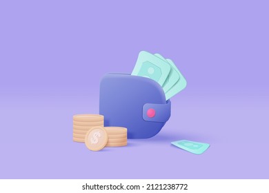 3D Vector Money Holding Wallet, Dollar Coin On Isolate Background, Online Payment And Money Saving Concept. 3d Holding Wallet Render For Business, Bank, Finance, Investment