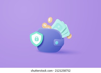 3D vector money holding wallet with financial security, dollar coin on isolated background, online payment and money saving concept. 3d holding wallet secure render for business, finance, investment