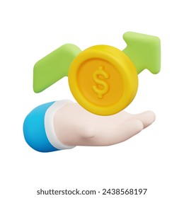 Icono de dinero de vector 3d que ahorra en mano. Aislado sobre fondo blanco. Concepto de inversión, negocio y finanzas en 3d. Dibujos animados estilo minimalista. Ilustración de renderizado de vector de icono de inversión 3d.