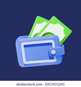 3d vector money wallet with green cash on a dark background.