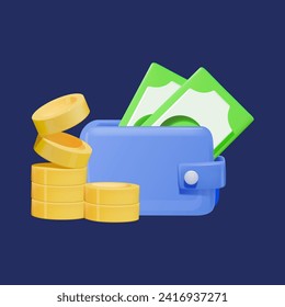 3d vector money wallet with green cash and coins on a dark background.