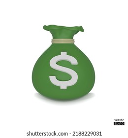 3D vector moneybag  simple cartoon. Green money bag icon, Moneybag isolated on white background. Cashless society concept. Growth, income, savings, investment, wealth. 3d vector illustration.
