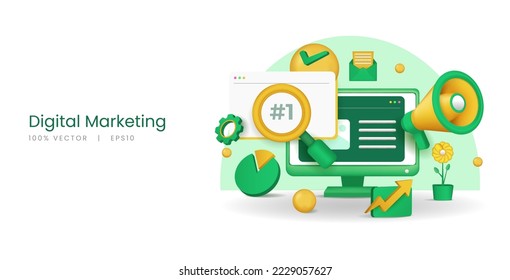 3d vector monitor with concept of digital marketing, business analysis, and target marketing vector illustration