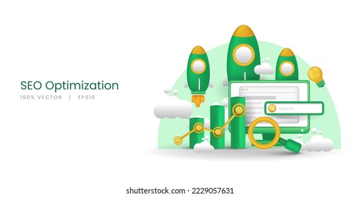 3d vector monitor with illustration concept of seo optimization, web analytics, and marketing.