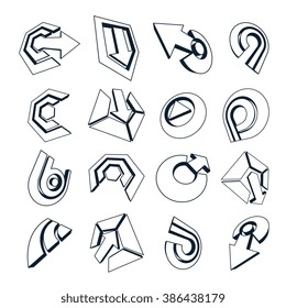 3d vector monochrome abstract shapes, different business icons and design elements collection. Geometric abstract arrows for use as navigation pictograms and app buttons.