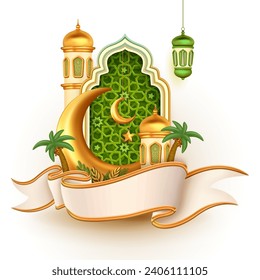 3d vector mosque dome, crescent moon, patterned windows, lanterns and palm trees united by ribbon as beautiful decoration for ramadan mubarak