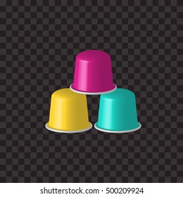 3D vector multicolored coffee capsules. Multicolored coffee pods for coffee machine. Coffee capsules, pods isolated on black. Espresso, cappuccino capsules.