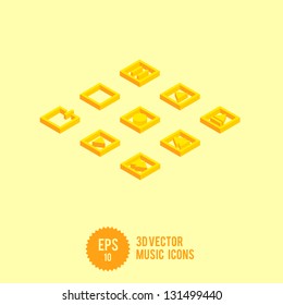 3D Vector Music Icon Set - Play Stop Record - Vector Illustration