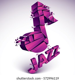 3d vector musical note broken into pieces, explosion effect. Dimensional magenta art melody symbol, jazz music theme.