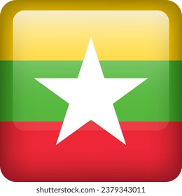 3D Vektor Myanmar Flag glänzend Schaltfläche. Nationales Emblem von Myanmar. Square Symbol mit Flagge von Myanmar