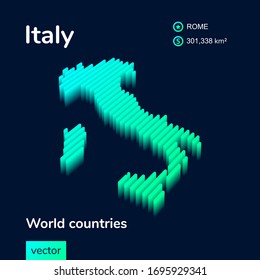 3d vector neon isometric Italy map in turquoise colors on a dark blue background. Stylized map icon of Italy. Infographic element