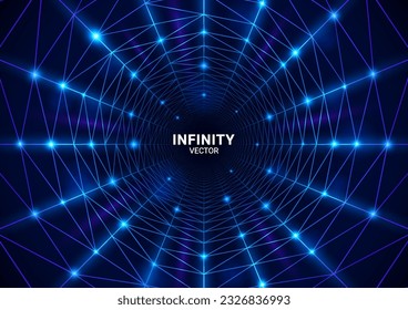 3d vector neon tunnel to infinity. Blue abstract background with geometric shapes and open space for an inscription. 3d render illustration of technical progress.