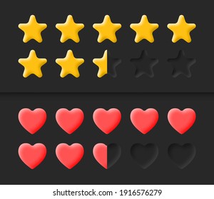 3D Vector Neumorphic Game UI Elements Stars Achievement Rank Scale And Life Health Bar Rating System On Dark Gray Background. Neumorphism Style Material Game Design User Interface Elements Set