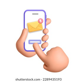 3d vector new incoming  letter symbol on smartphone design. hand holds mobile phone and subscribe newsletter email marketing, Mail mobile app service.