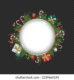 3D vector New Year and Christmas Decorative Design. Christmas realistic decorations, Christmas wreath decorated with candy canes, holly berries, balls, gifts and stars. Isolated card template design. 