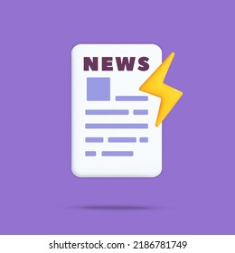 3d vector Newspaper icon with yellow lightning bolt symbol design illustration. Information, activities, advertisement and web announcements concept.
