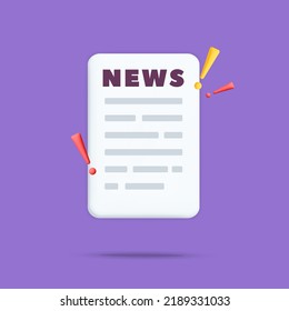 3d vector Newspaper icon with yellow and red exclamation symbol design illustration. Important Information, activities, advertisement and web announcements concept.