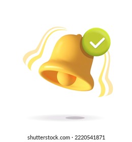 3d vector notification bell icon with green check mark isolated on white background. yellow ringing bell with new notification social media reminder. Newsletter, new message, subscribe notice symbol.