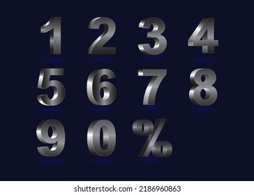 3D Vector number 0, 1, 2, 3, 4, 5, 6, 7, 8, 9 black and white shine gradient color numeral alphabet.