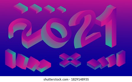 3D vector numbers 2021 in different planes at different angles and parallelograms.