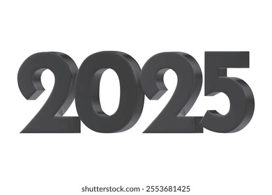 3D vector numbers 2025 in a black metallic color. Design object for New Year greeting cards, advertising banners. Metal numbers are bold and sleek, and with sharp edges. 3D element isolated on white