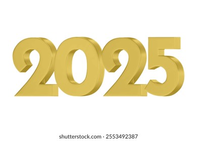 3D vector numbers 2025 in a gold color. Design object for New Year greeting cards, advertising banners. Metal numbers are bold and sleek, and with sharp edges. 3D element isolated on white