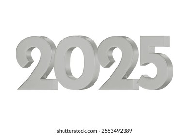 3D vector numbers 2025 in a silver color. Design object for New Year greeting cards, advertising banners. Metal numbers are bold and sleek, and with sharp edges. 3D element isolated on white