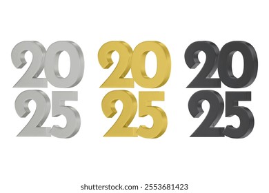 3D vector numbers 2025 in a silver color. Design object for New Year greeting cards, advertising banners. Metal numbers are bold and sleek, and with sharp edges. 3D element isolated on white