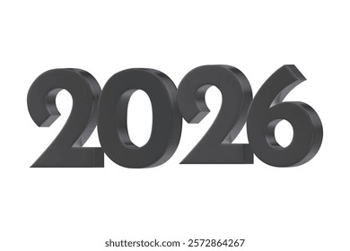 3D vector numbers 2026 in a black metallic color. Design object for New Year greeting cards, advertising banners. Metal numbers are bold and sleek, and with sharp edges. 3D element isolated on white