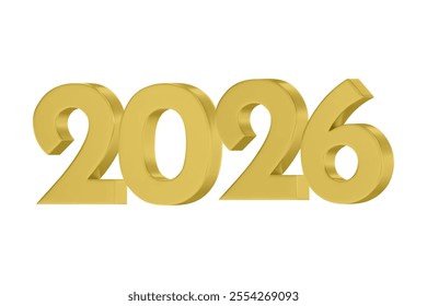 3D vector numbers 2026 in a gold color. Design object for New Year greeting cards, advertising banners. Metal numbers are bold and sleek, and with sharp edges. 3D element isolated on white