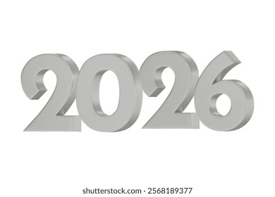 3D vector numbers 2026 in a silver color. Design object for New Year greeting cards, advertising banners. Metal numbers are bold and sleek, and with sharp edges. 3D element isolated on white