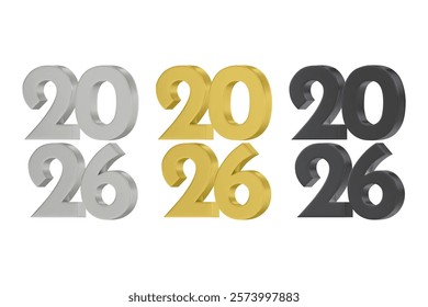 3D vector numbers 2026 in a silver color. Design object for New Year greeting cards, advertising banners. Metal numbers are bold and sleek, and with sharp edges. 3D element isolated on white