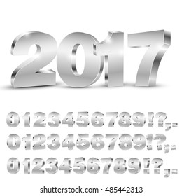 3D vector numbers, three set of different angles, metalic chrome digit and 2017 years title on white background