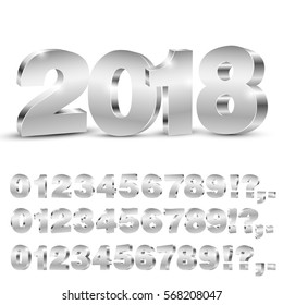 3D vector numbers, three set of different angles, metallic chrome digit and 2018 years title on white background