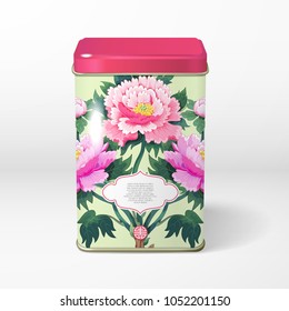 3D vector object. Square tin packaging. Tea, coffee, dry products. Tree peony. Illustration imitates sachiko embroidery. Inscription Peonies garden. Frame for your text.