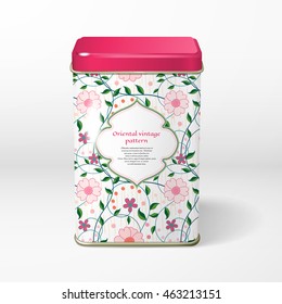3D vector object. Square tin packaging. Tea, coffee, dry products. Beautiful oriental flower and strokes on backdrop. Hand drawing. Frame for your text.