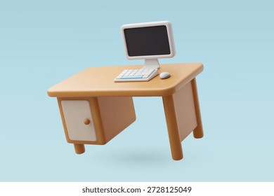 Mesa de escritório vetorial 3D com computador, teclado, mouse, representa espaço de trabalho, escritório, 
Conceito de ambiente de trabalho, negócios, produtividade e profissional. Vetor Eps 10.
