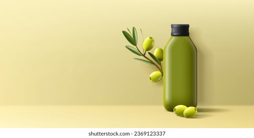 3d Vector Olive Oil Bottle with Olives Branch Leaves and green olives, advertising poster template