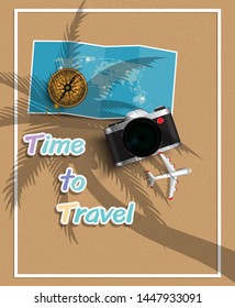 3D vector on the theme of travel , vacation, adventure. Preparing for your journey. Outfit of modern traveler Top view