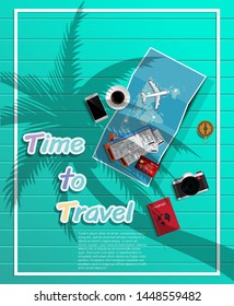 3D vector on the theme of travel , vacation, adventure. Preparing for your journey. Outfit of modern traveler Top view