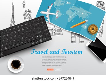 3D vector on the theme of travel , vacation, adventure. Preparing for your journey. Outfit of modern traveler Top view