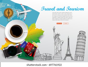 3D vector on the theme of travel , vacation, adventure. Preparing for your journey. Outfit of modern traveler Top view