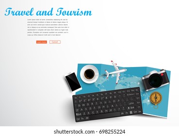 3D vector on the theme of travel. Preparing for your journey. Outfit of modern traveler Top view